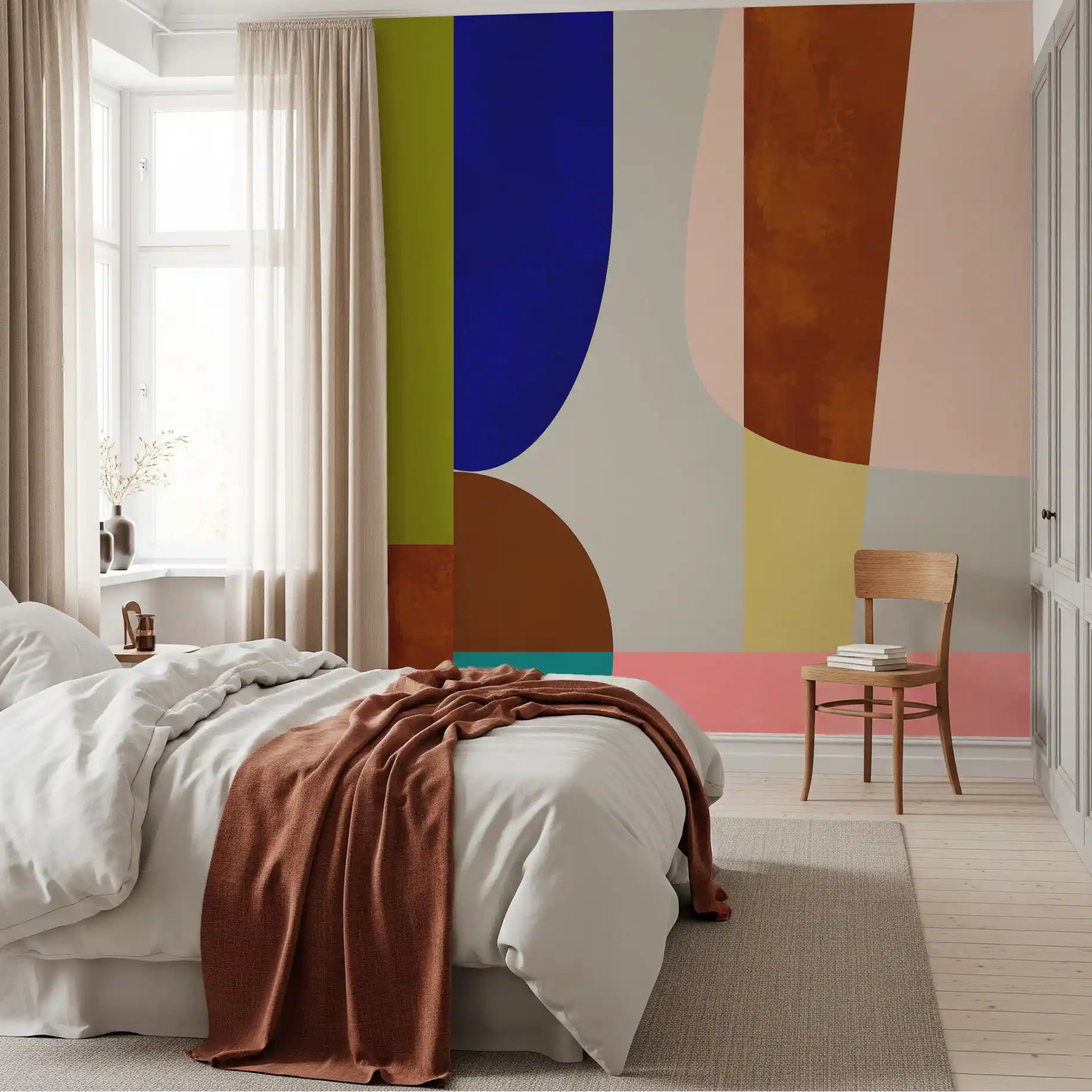 bedroom corner lifted by geometric colour blocks, Mid-Century wall mural GD11077
