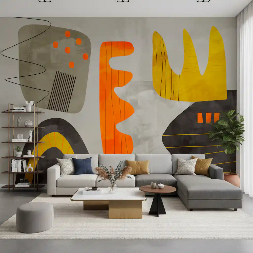Orange and yellow shapes energise a living room feature spot, Street wall mural GD11081
