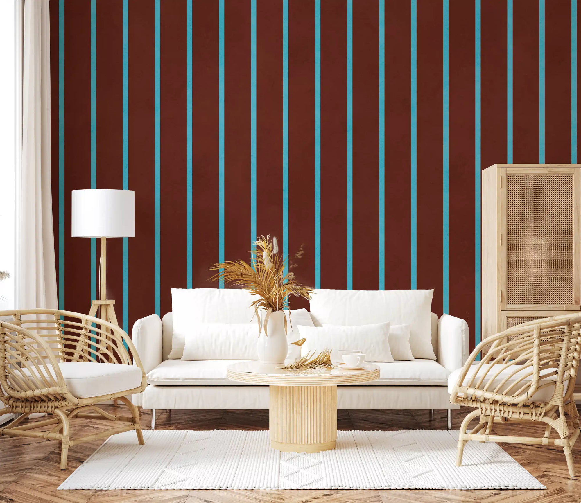 Living room warmed by rust-brown vertical stripes, Rustic Earth Sky wall mural GD11091
