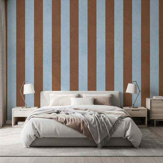 Sky blue and brown striped wall mural set in a bedroom GD11092