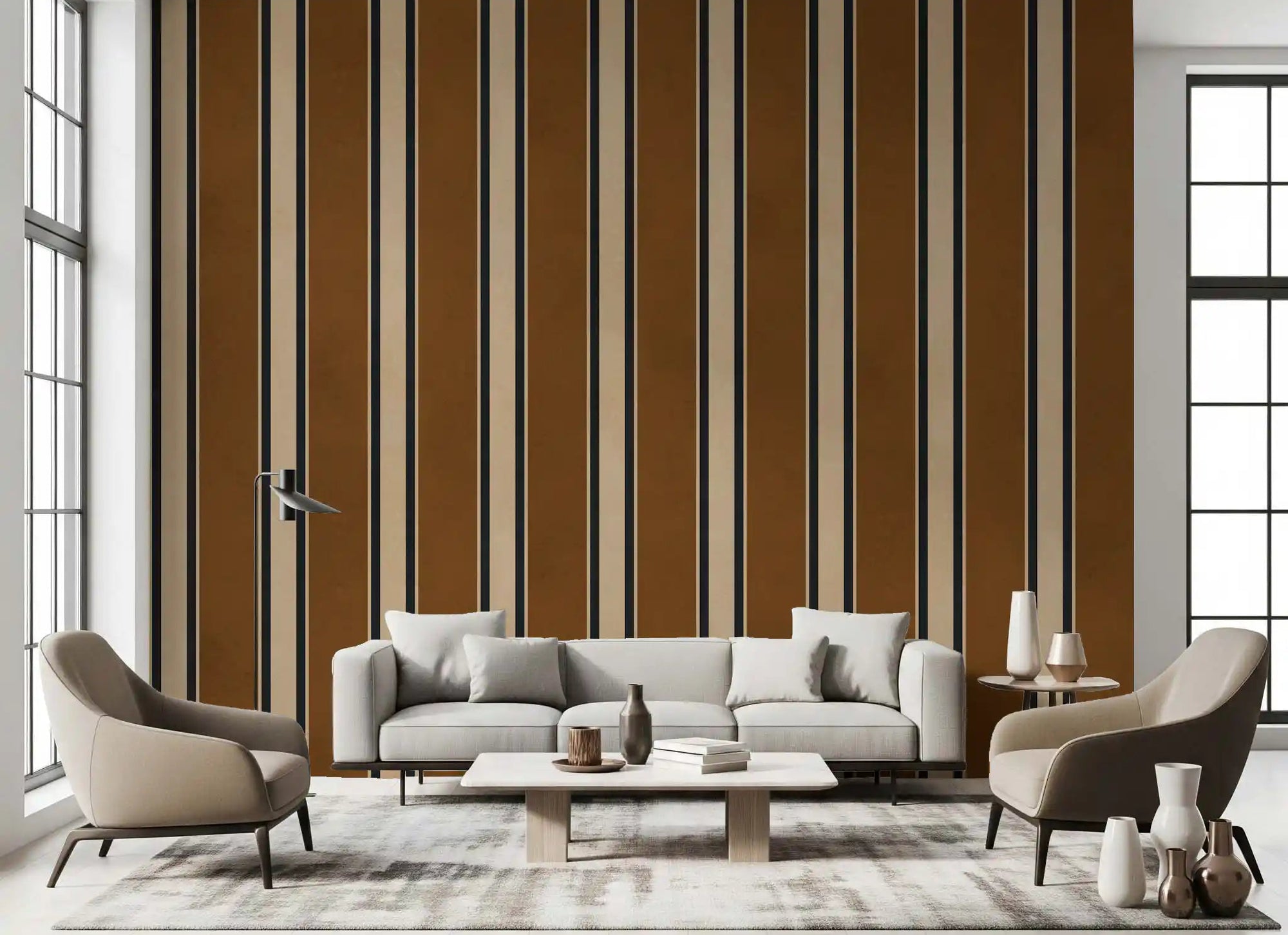 Classic earth tone vertical stripe wall mural in a living room GD11097