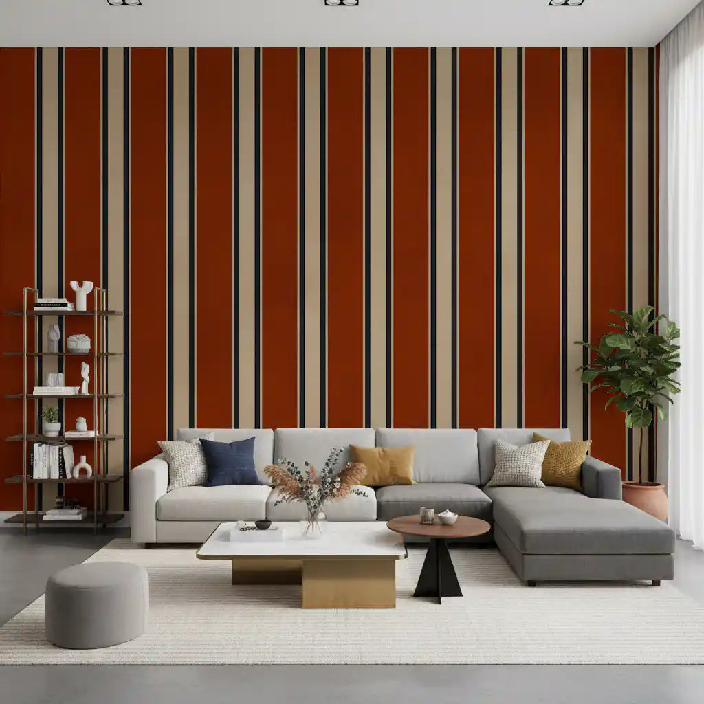 Rust and tan stripes warm a modern living room, rustic striped wall mural GD11098