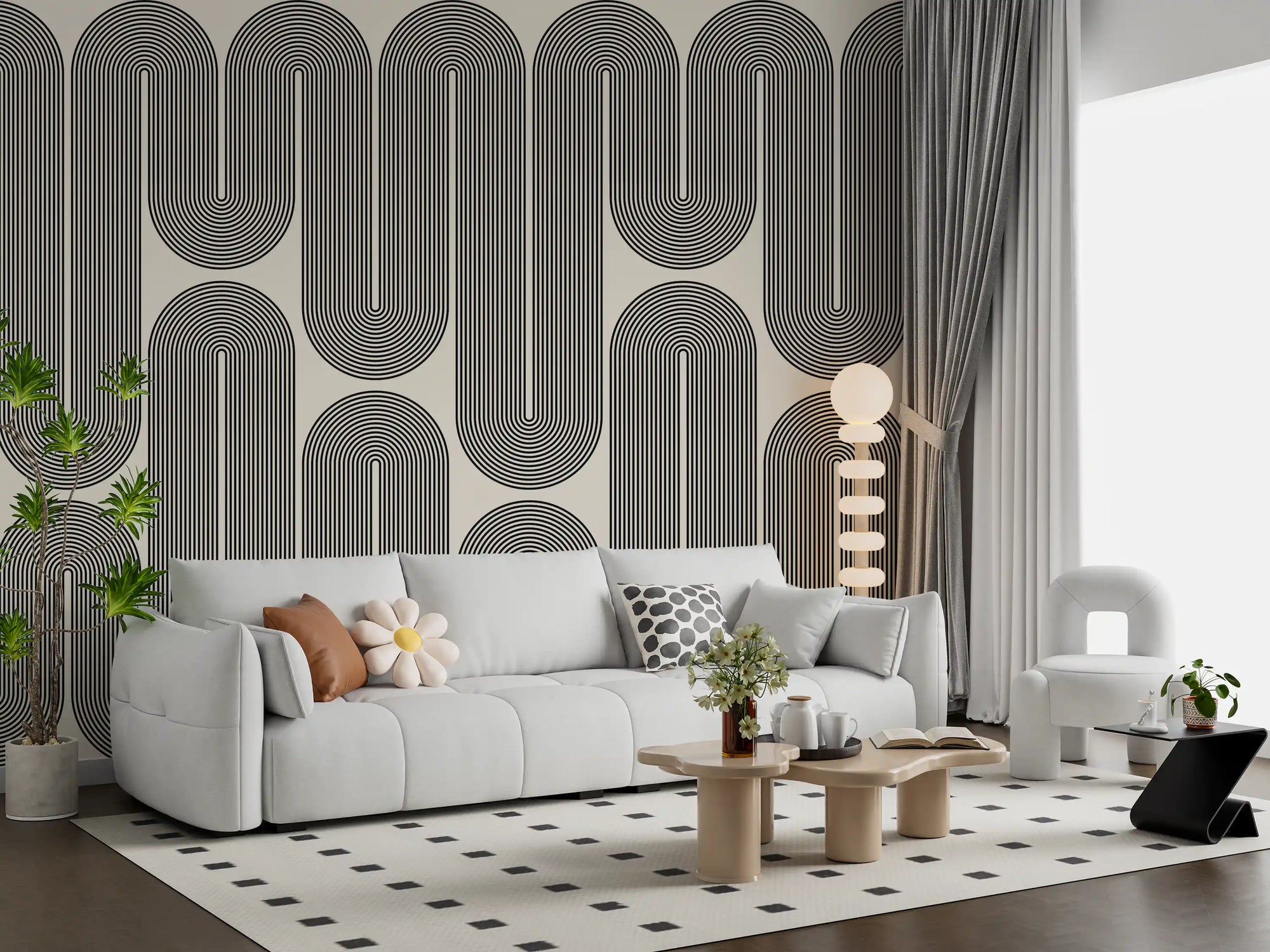 Living room backed by rows of black arches, Geometric Waves wall mural GD11101
