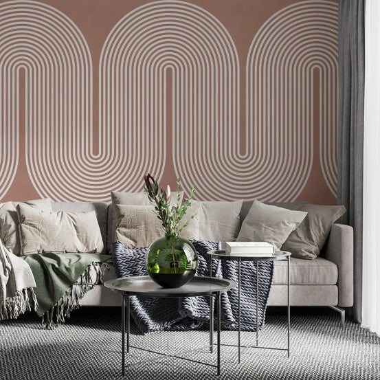 Terracotta wavy lines warm a modern living room, minimalist wall mural GD11103