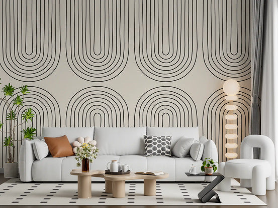 Fine black arches over cream calm a living room, Minimalist line wall mural GD11105
