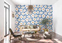 Retro Daisy Bloom Blue Wall Mural