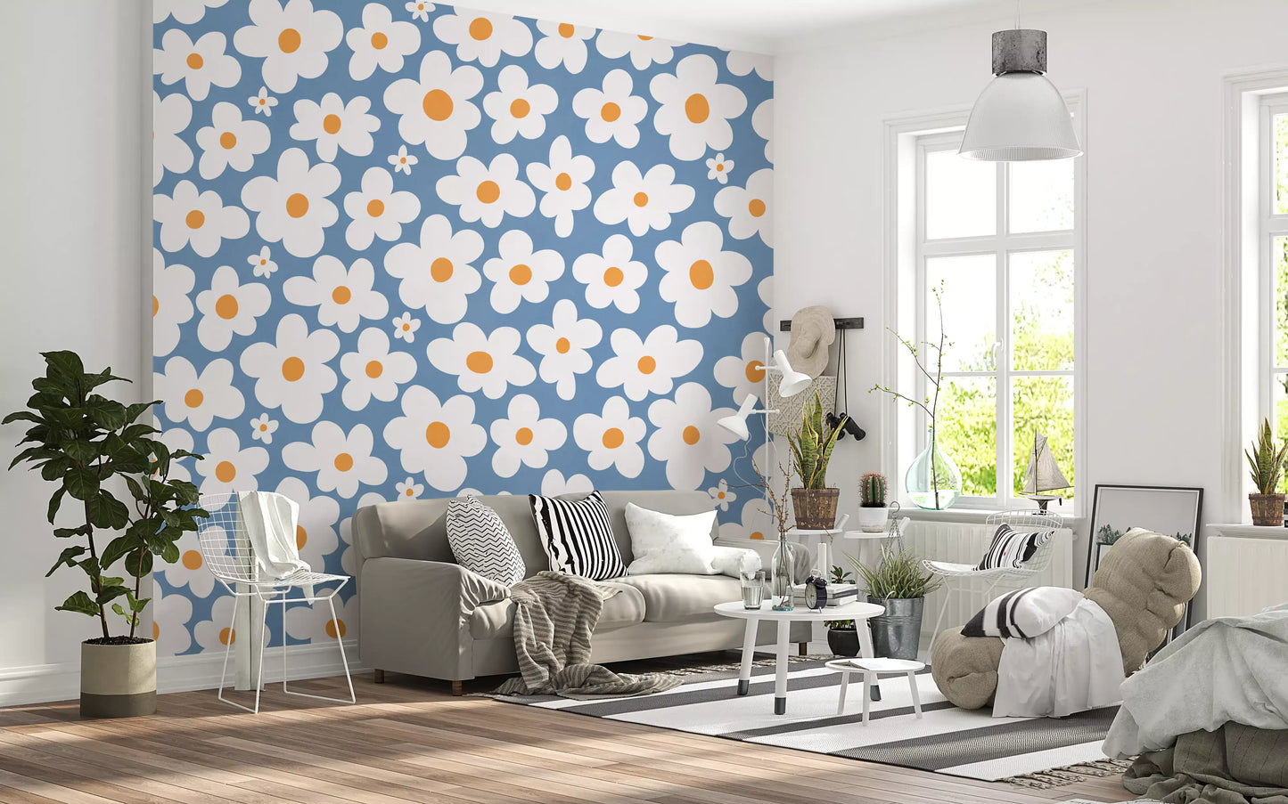 Retro Daisy Bloom Blue Wall Mural