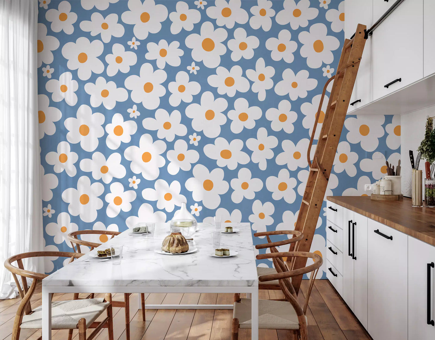 Retro Daisy Bloom Blue Wall Mural