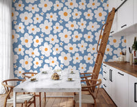 Retro Daisy Bloom Blue Wall Mural