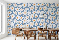 Retro Daisy Bloom Blue Wall Mural