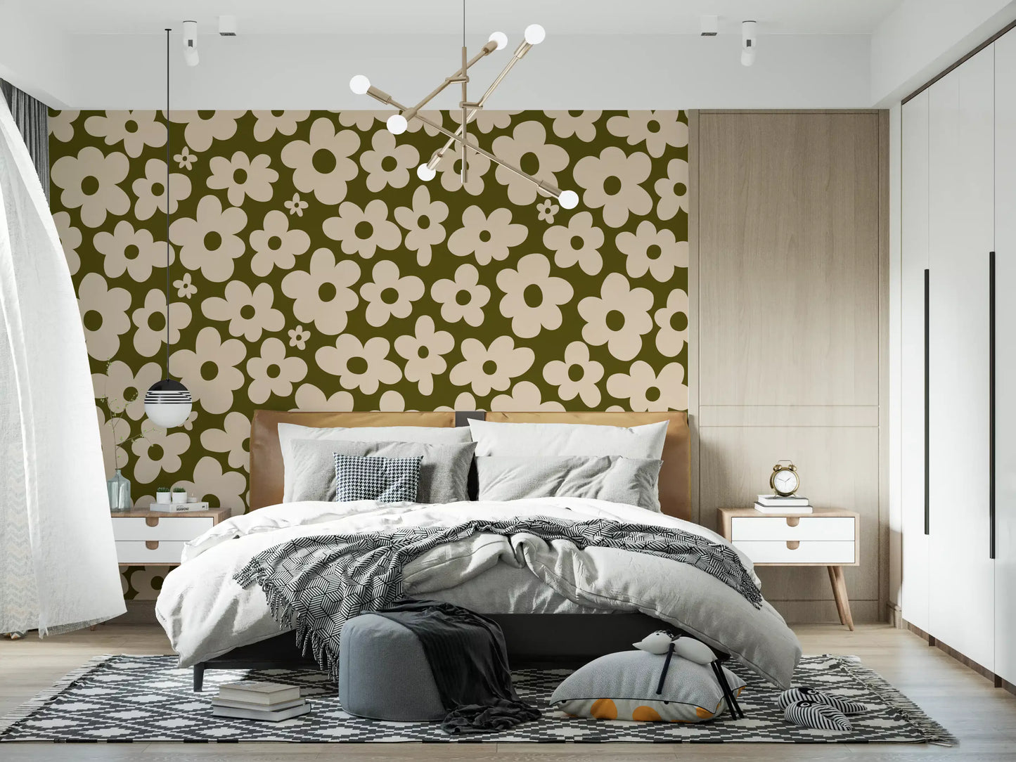 Retro Daisy Meadow in Sage and Cream Wall Mural