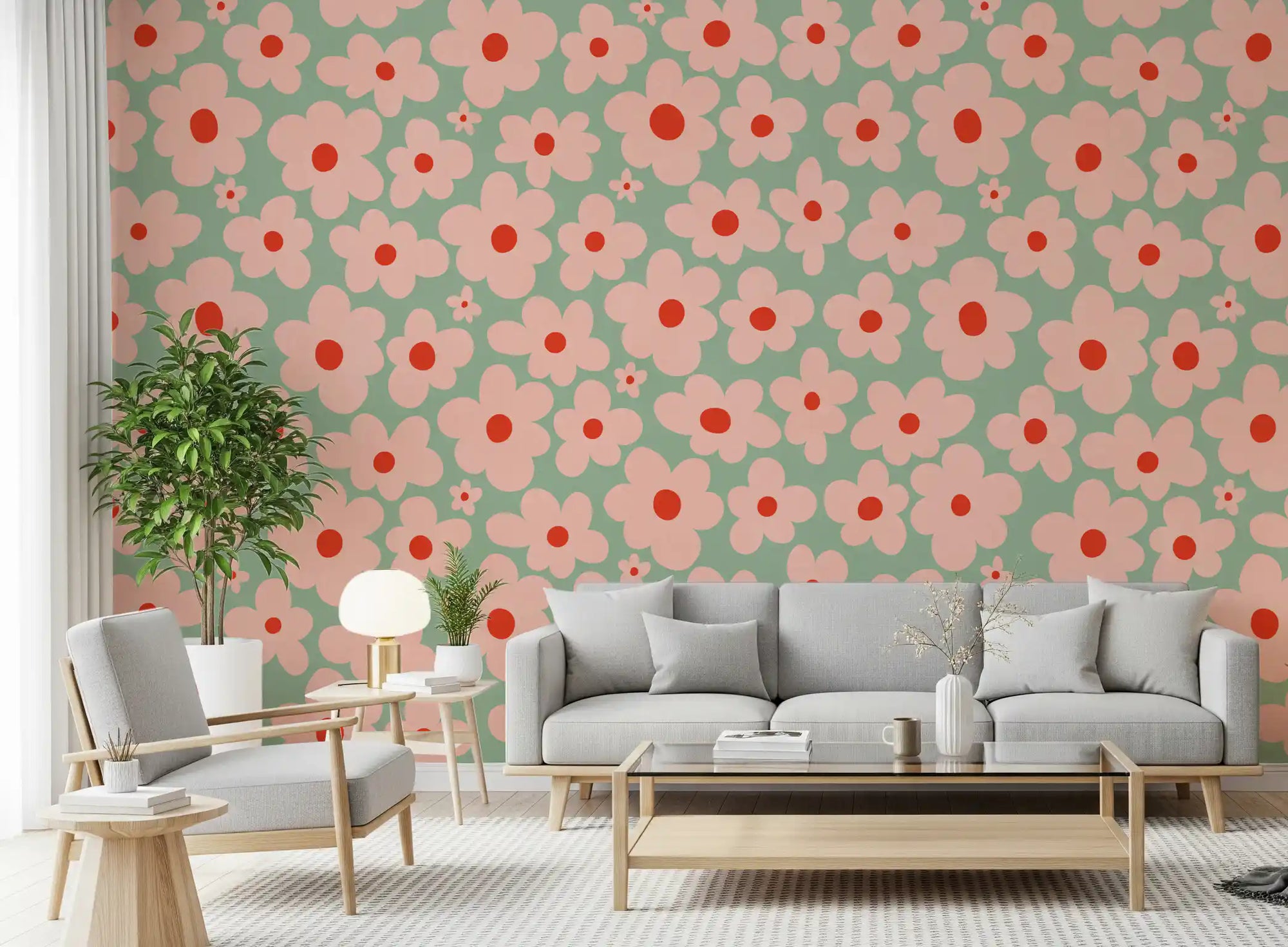 Peach daisies over sage green warm a living room, Retro daisy wall mural GD11111
