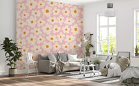 Retro Cream and Pink Daisy Field Wall Mural