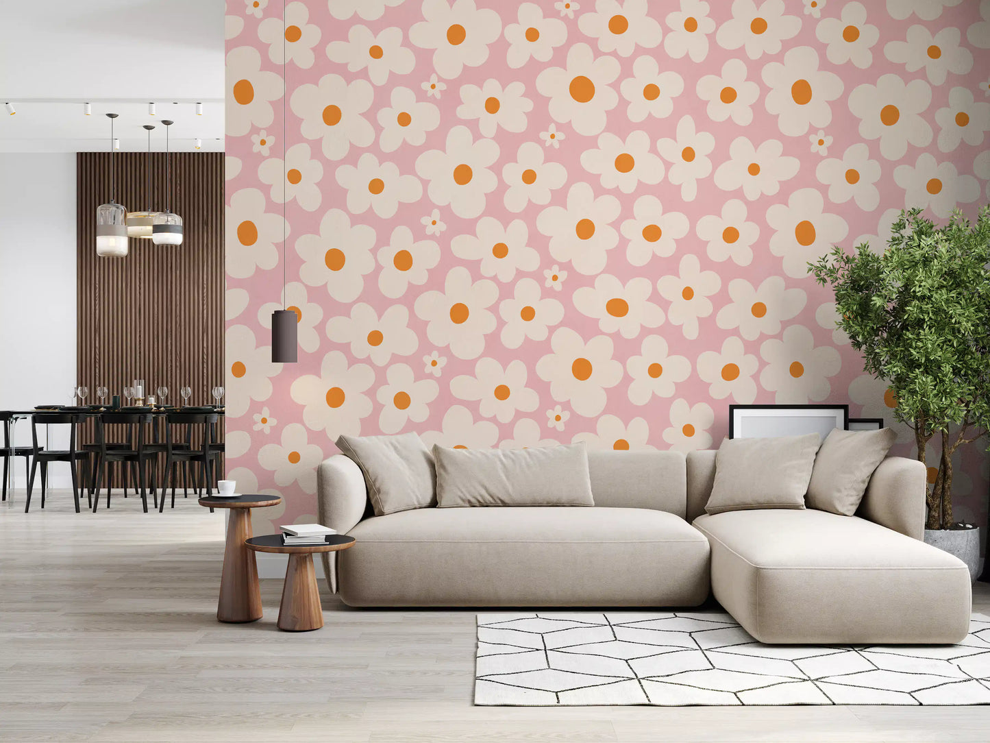 Retro Cream and Pink Daisy Field Wall Mural