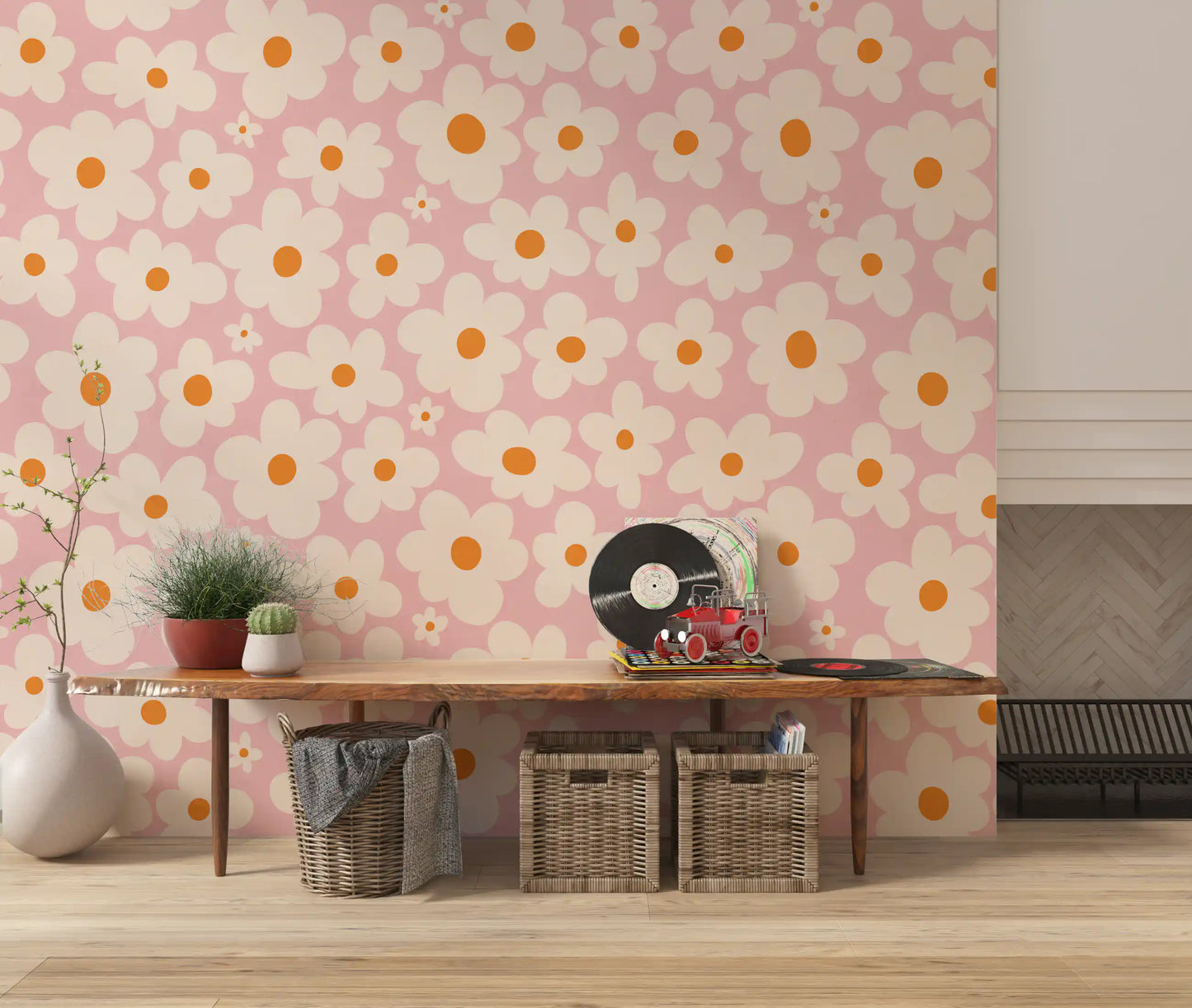 Retro Cream and Pink Daisy Field Wall Mural