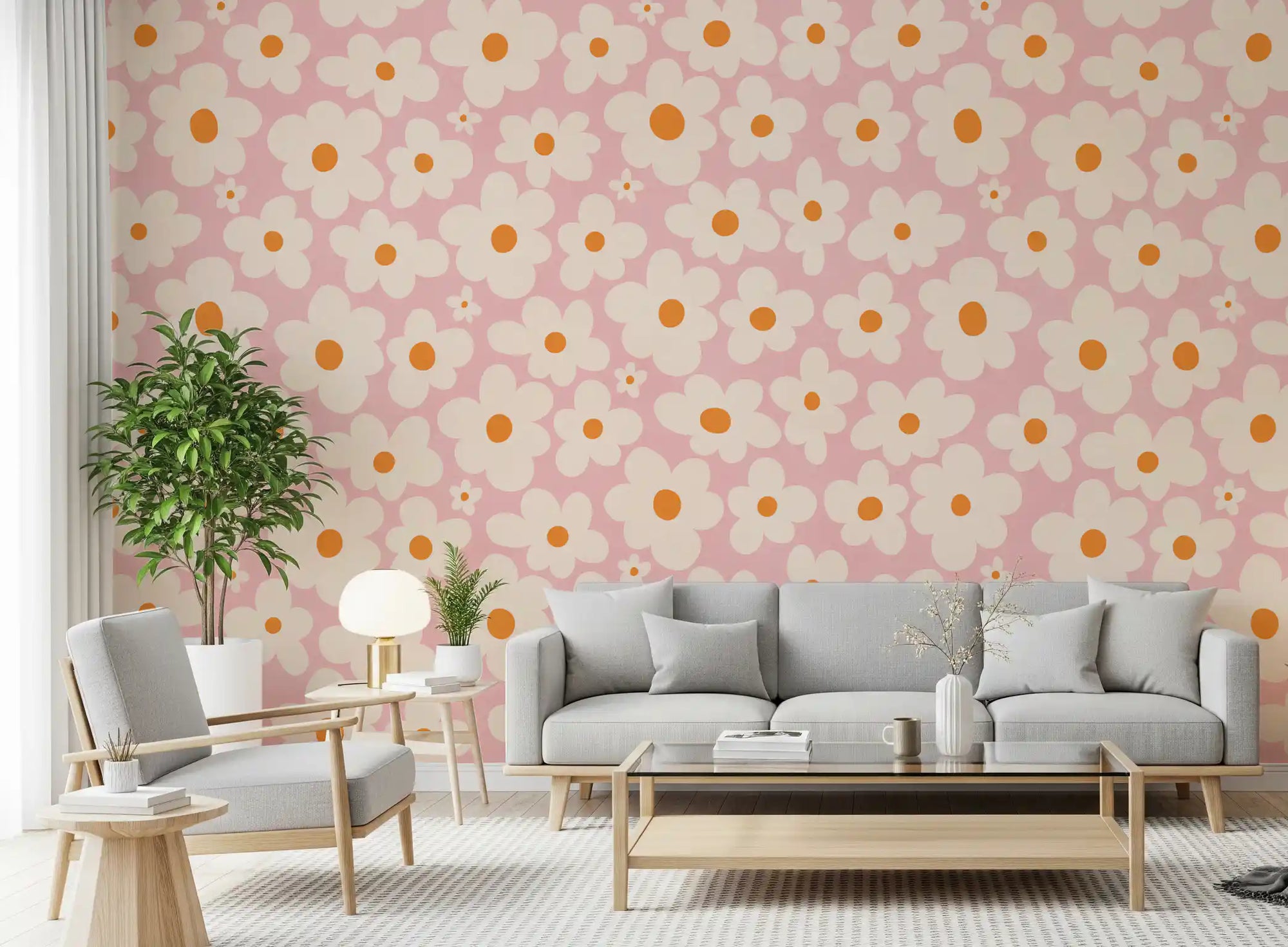 Retro cream daisy field wall mural warming a sunlit living room, GD11112
