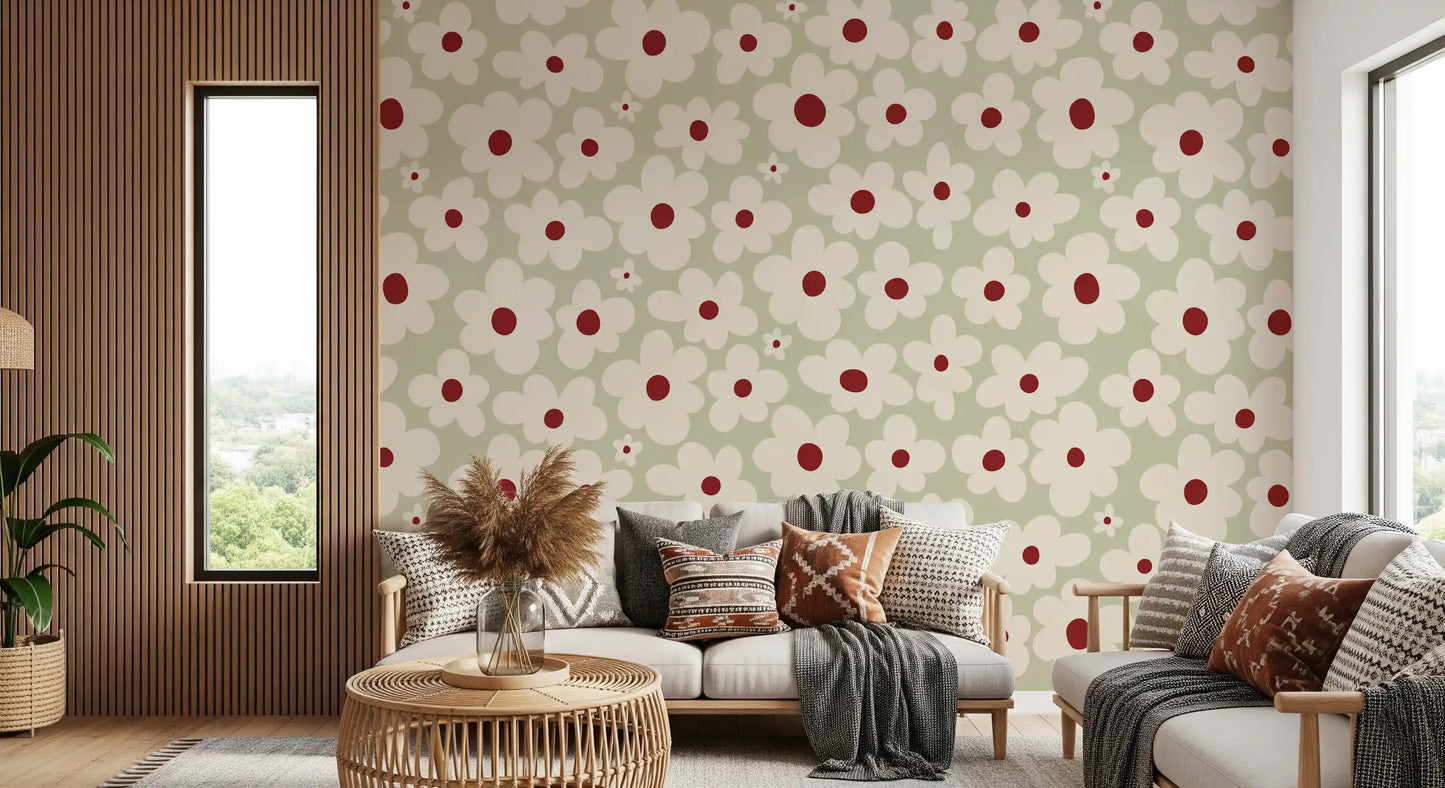 Retro Sage Daisy Meadow Wall Mural