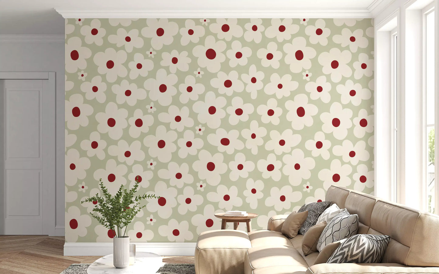 Retro Sage Daisy Meadow Wall Mural