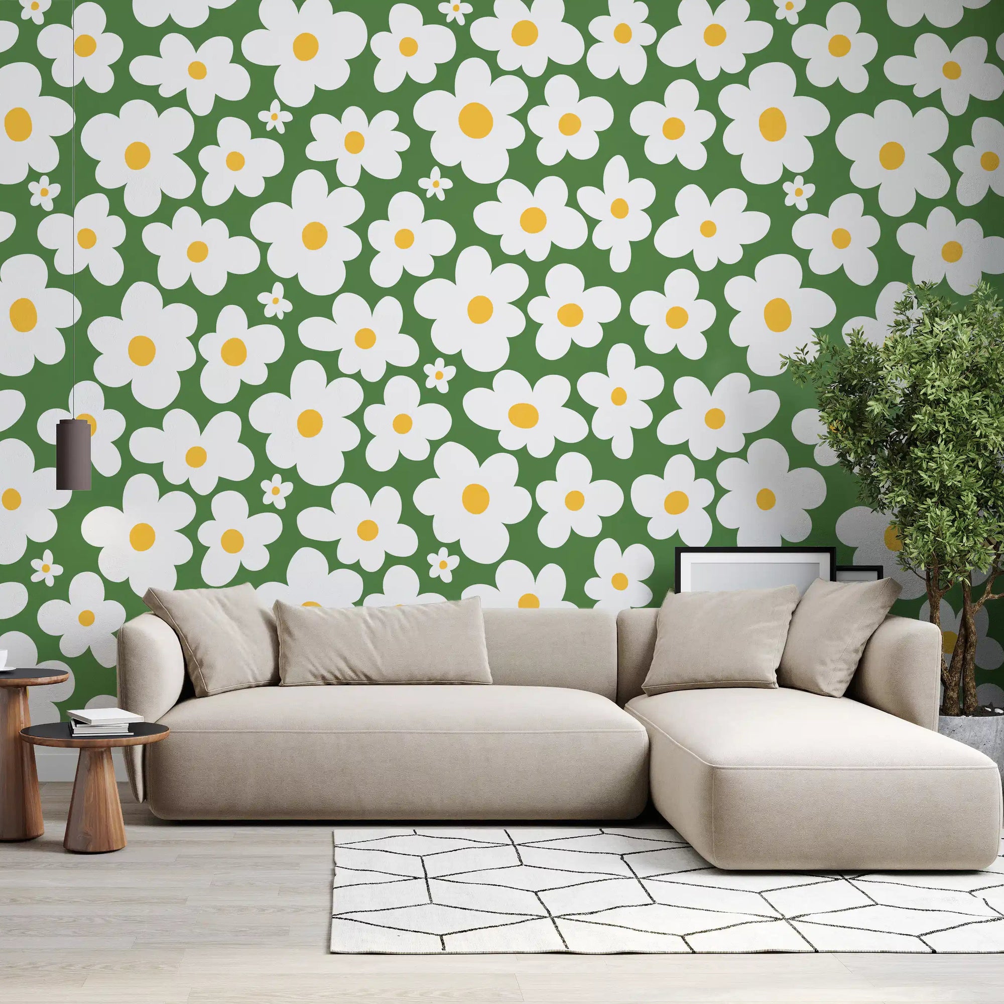 Retro daisy meadow wall mural filling a living room with green and white GD11114
