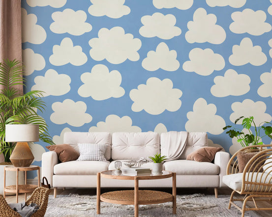 Dreamy Sky wall mural drifting ivory clouds on blue in a living room GD11116