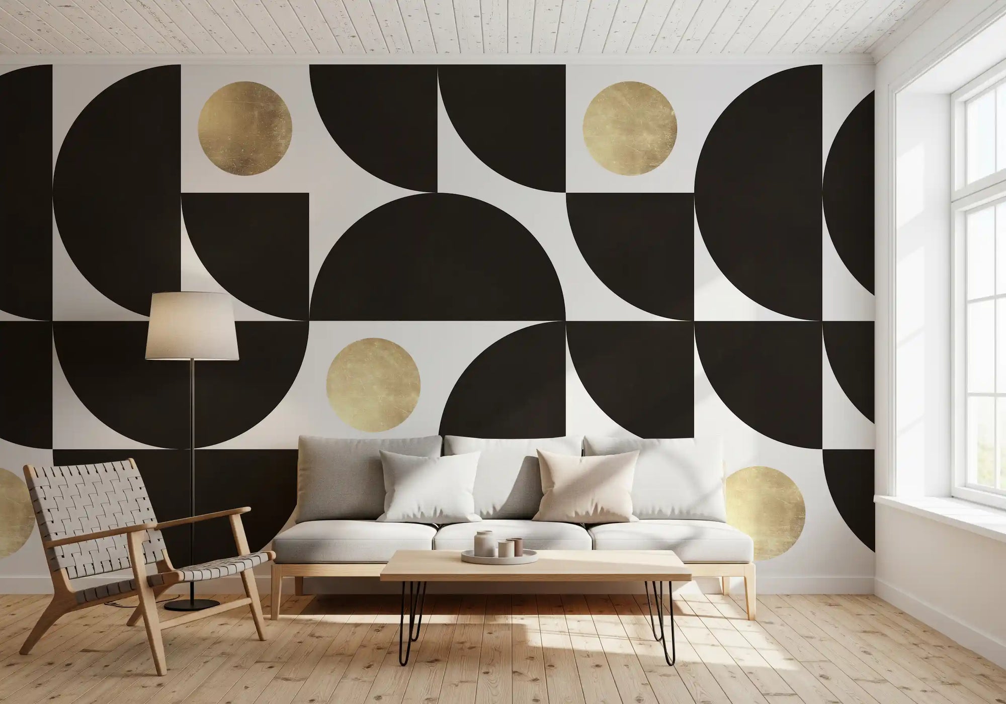 Modernist geometric wall mural framing a calm living room in black and gold GD11119
