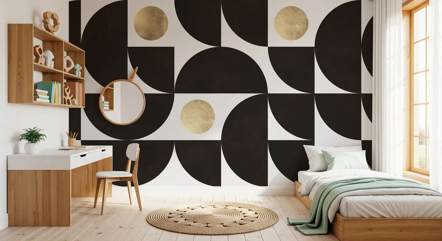 Modernist Geometric Gold and Black Arcs Wall Mural