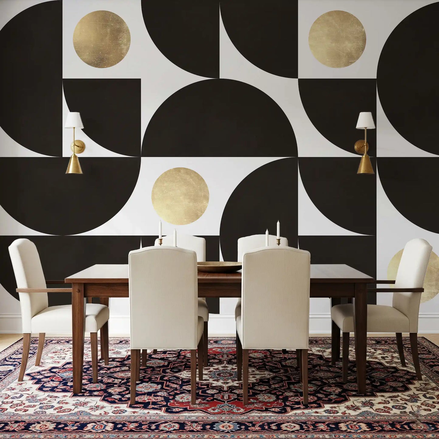 Modernist Geometric Gold and Black Arcs Wall Mural