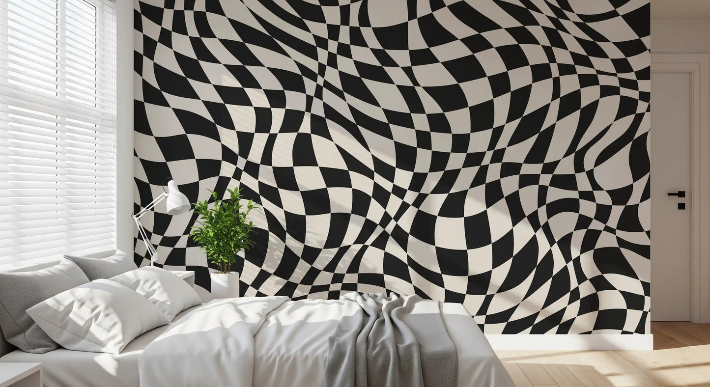 Wavy Monochrome Checkerboard Wall Mural