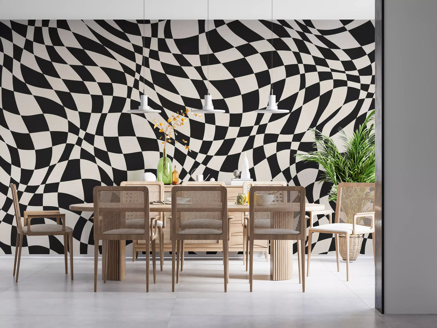Wavy Monochrome Checkerboard Wall Mural