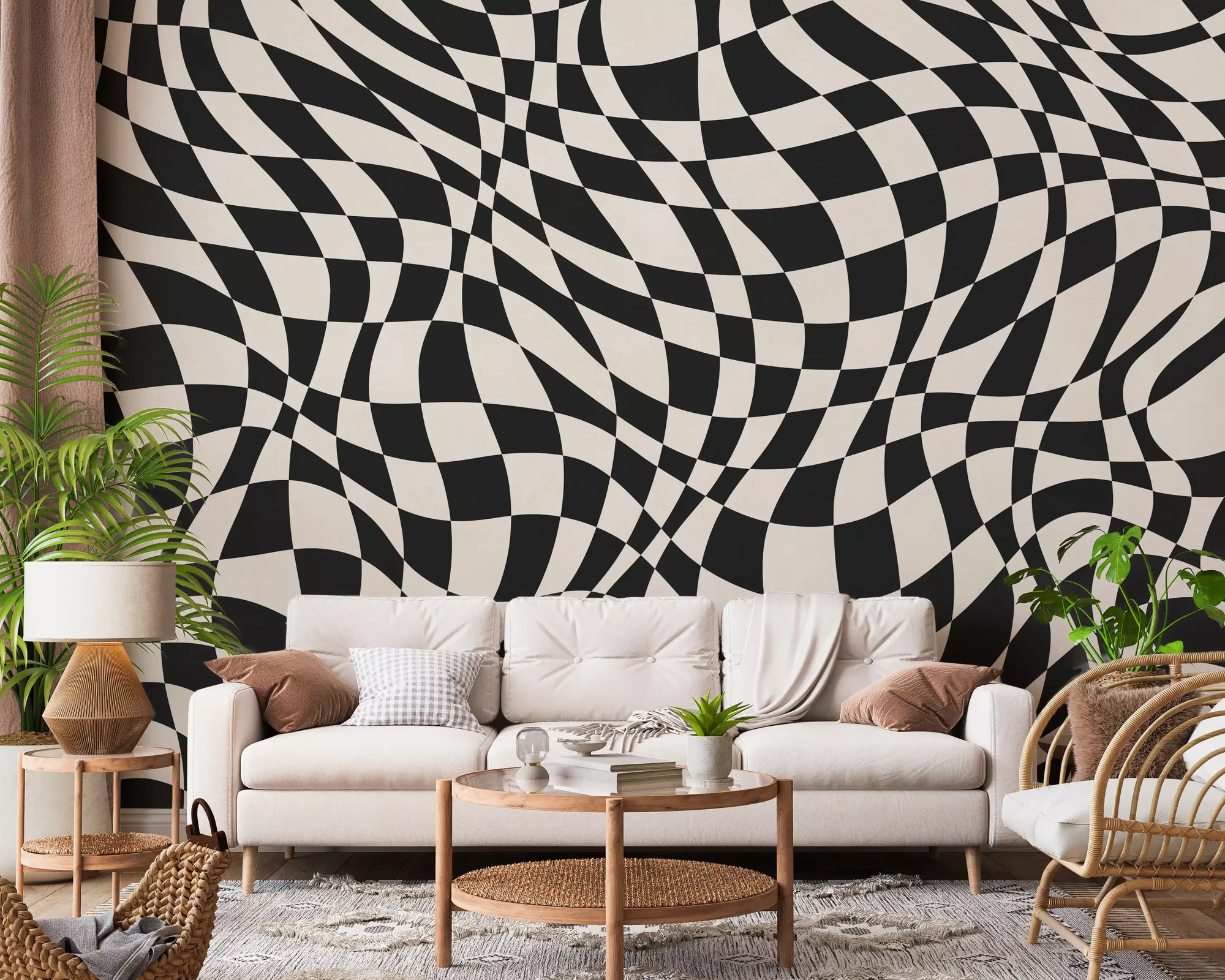 Wavy Monochrome wall mural swirling black and cream in a living room GD11121