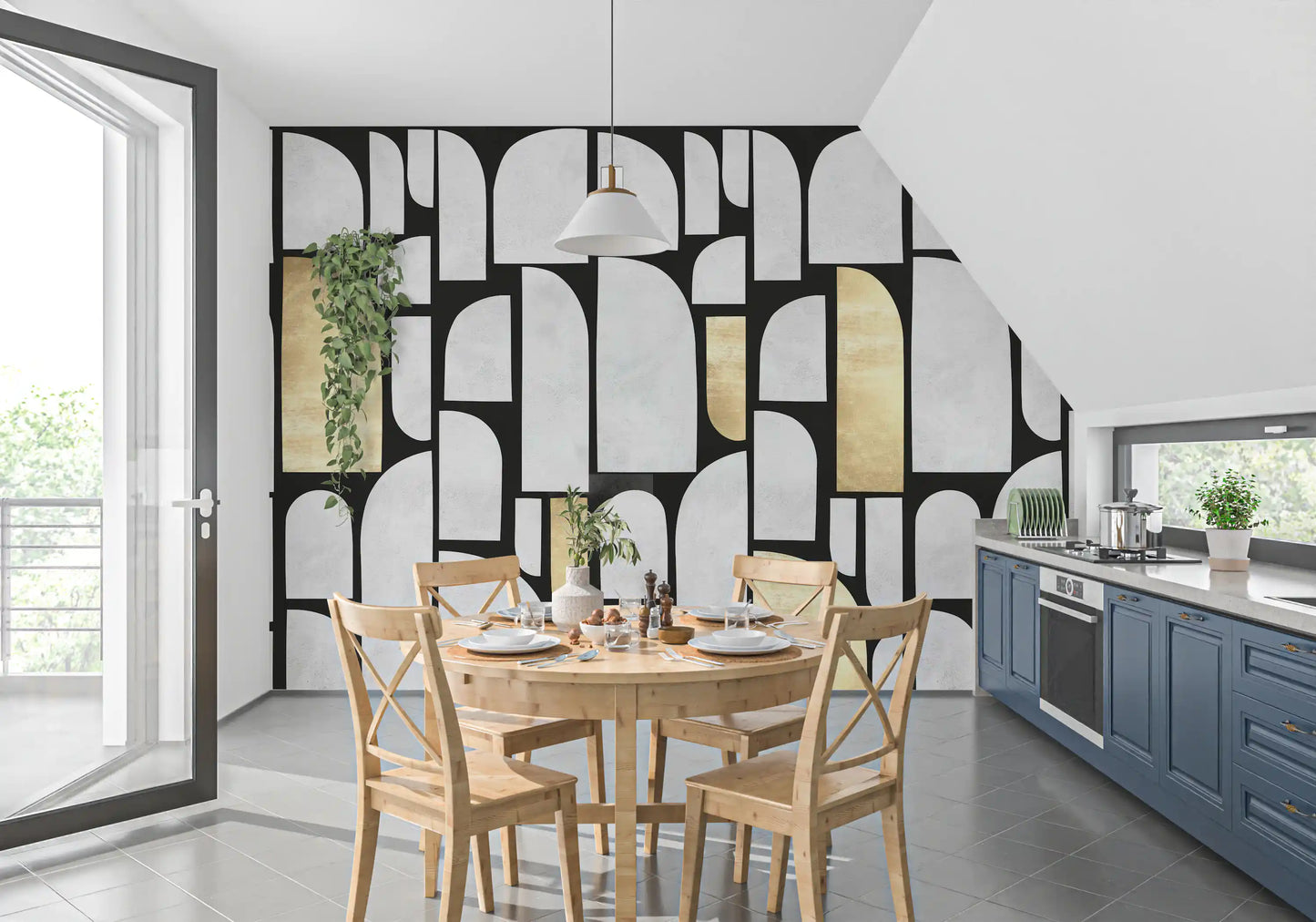 Modernist Gold and Stone Archway Motif Wall Mural