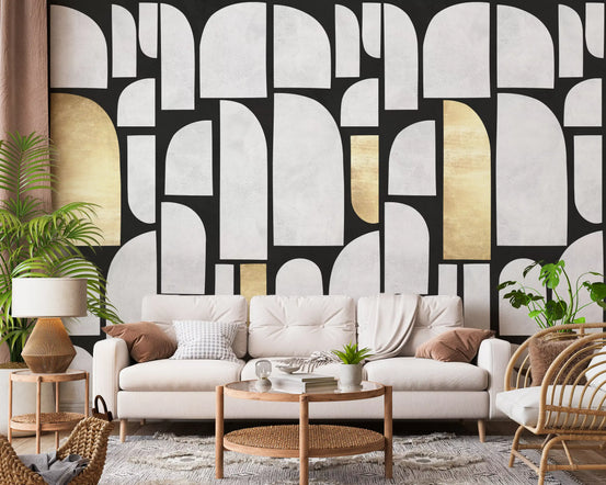 Stone arches and gold panels lifting a modern living room wall mural, GD11122
