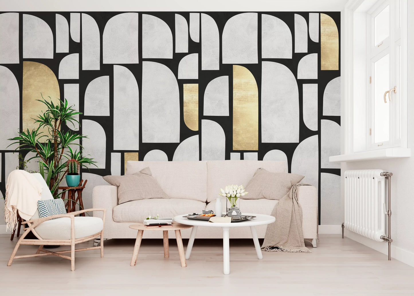 Modernist Gold and Stone Archway Motif Wall Mural