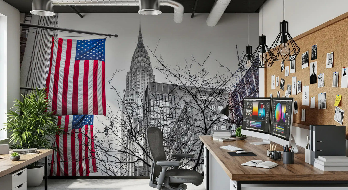 Patriotic Manhattan Cityscape Landmark Wall Mural