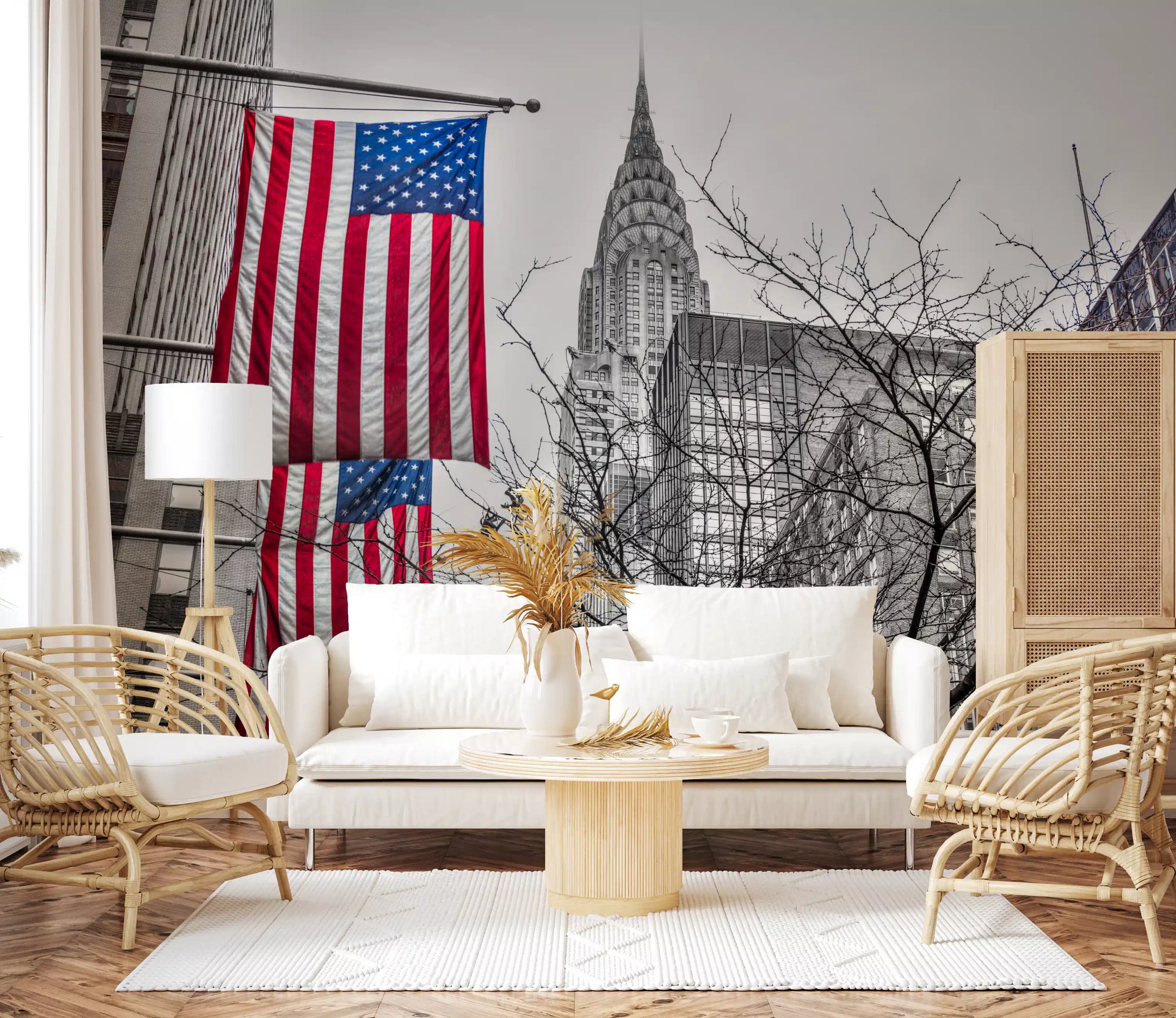 Patriotic Manhattan Cityscape Landmark wall mural warming a living room, GD11123
