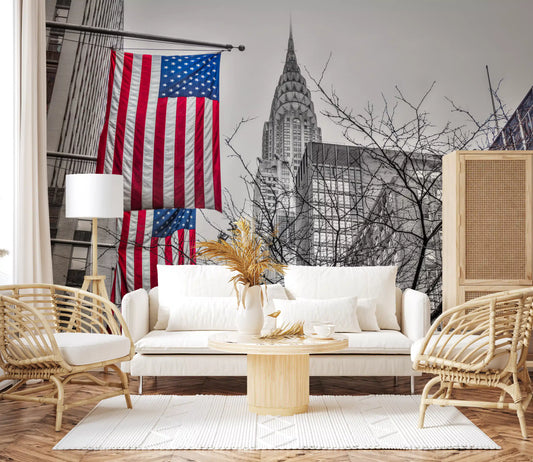 Patriotic Manhattan Cityscape Landmark wall mural warming a living room, GD11123
