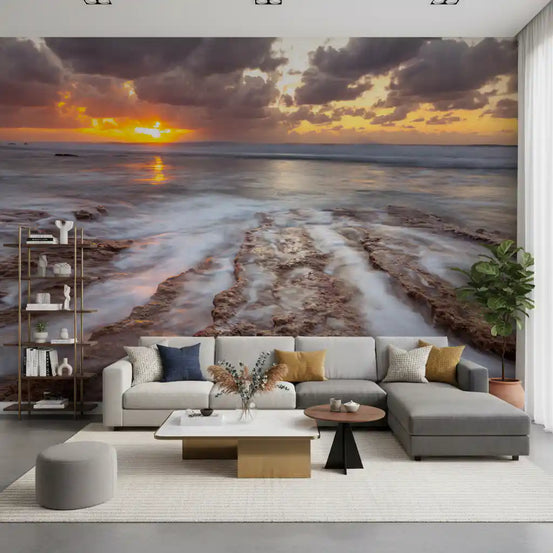 Golden ocean sunset warms a living room with dusky light, wall mural GD11125

