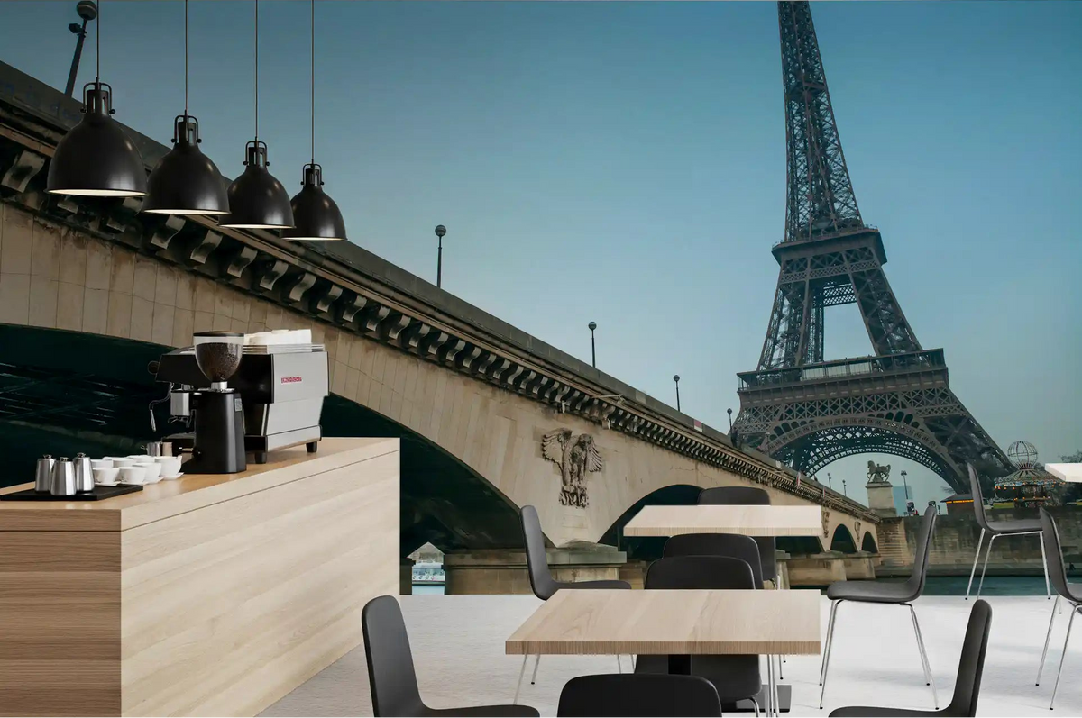 Wall mural of the Parisian Riverside Landmark warms an open Cafe , GD11128