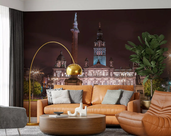 Wall mural over a living room shows Glasgow City Chambers at night GD11129
