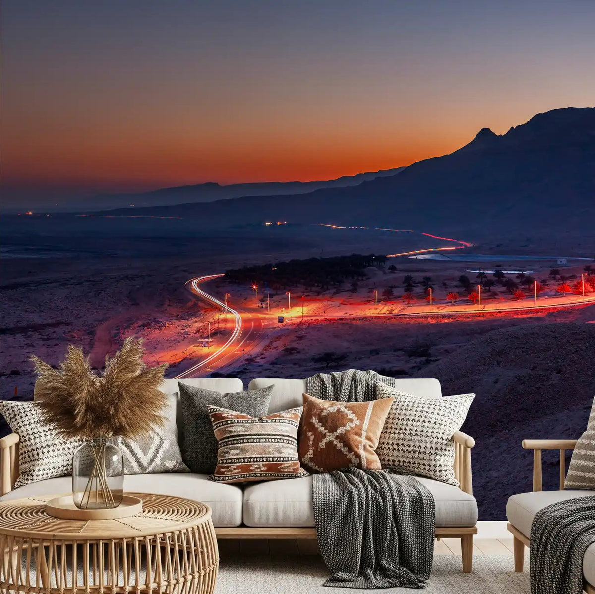 Desert Highway Sunset wall mural glowing warm across a living room GD11131
