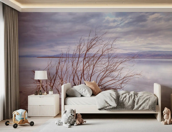 Misty Shoreline Reflection wall mural setting a calm mood in a bedroom GD11137
