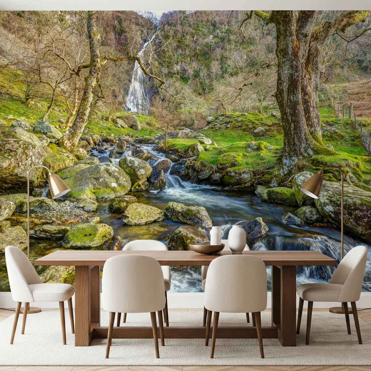 Green moss and white falls in the Waterfall Stream wall mural for a Dining room GD11152
