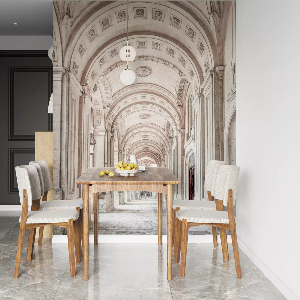 Dining room opens onto the neoclassical stone archway wall mural in ivory GD11153
