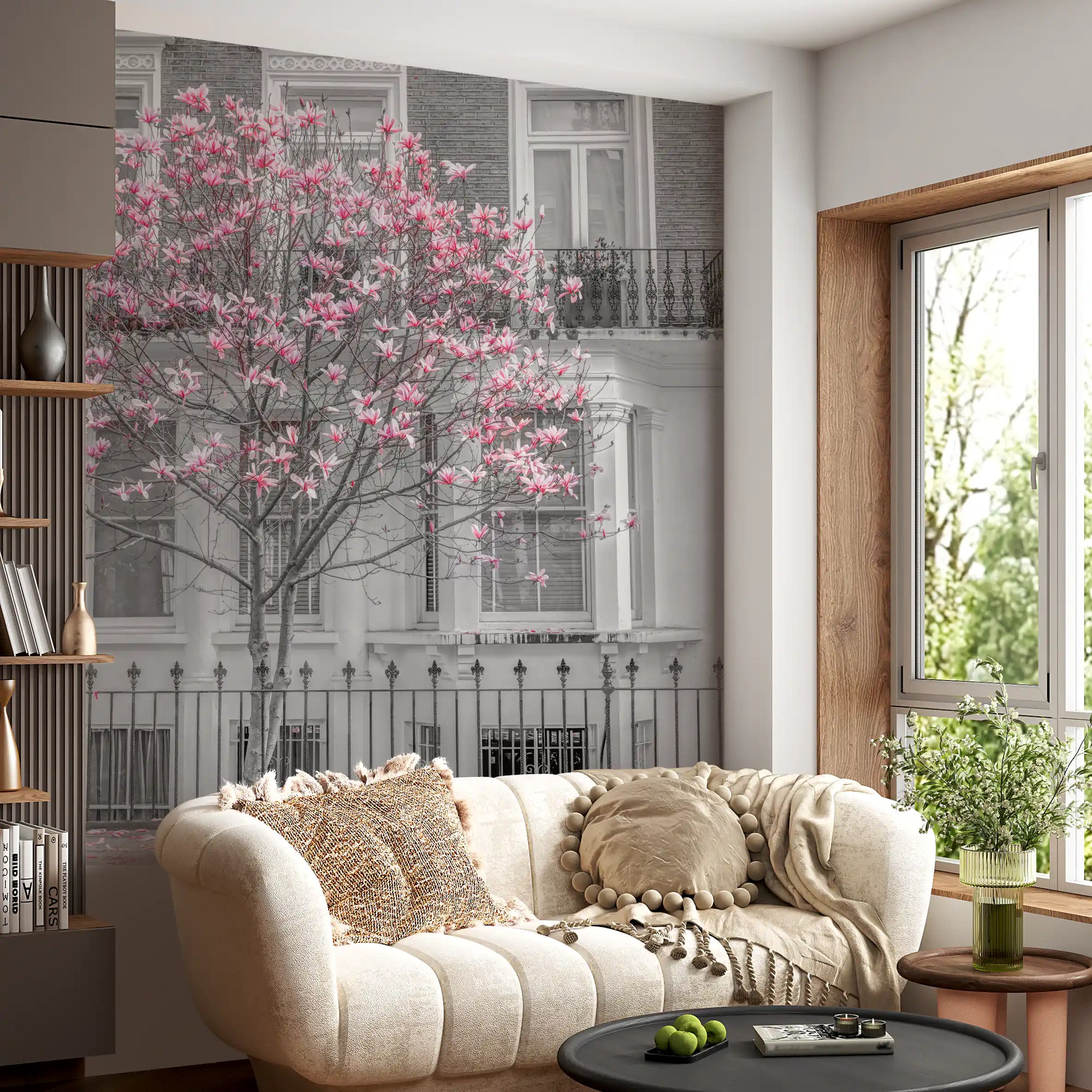 a pink magnolia and grey townhouse in a living room Wall mural GD11159
