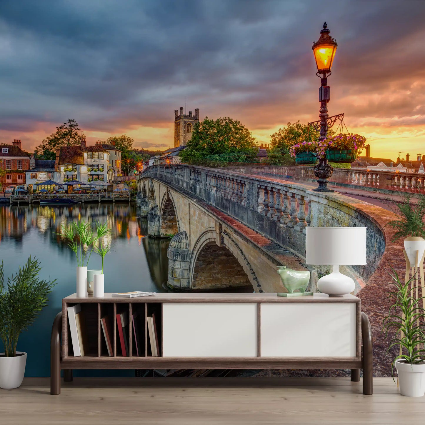 Riverside Town at Sunset Wall Mural