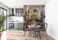 Stained Wood and Gilded Church Interior Wall Mural