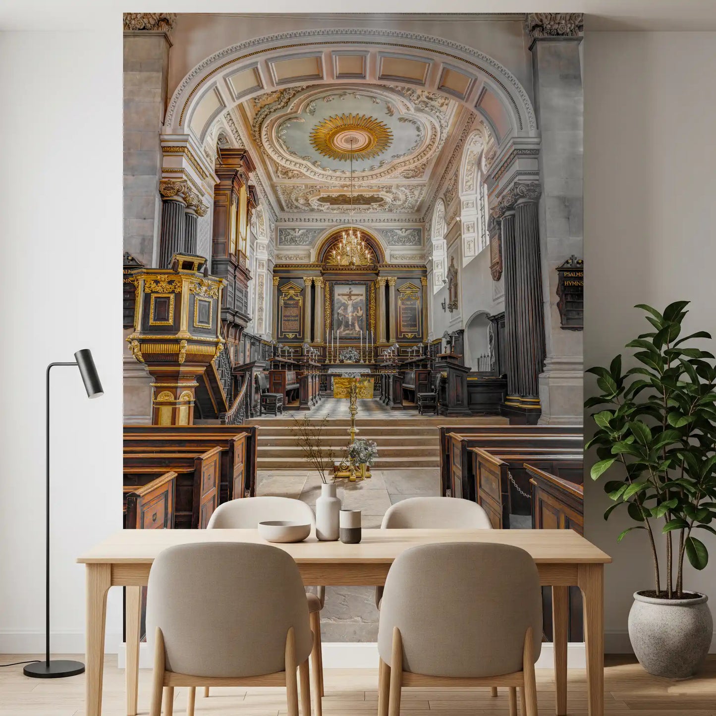 Stained Wood and Gilded Church Interior Wall Mural