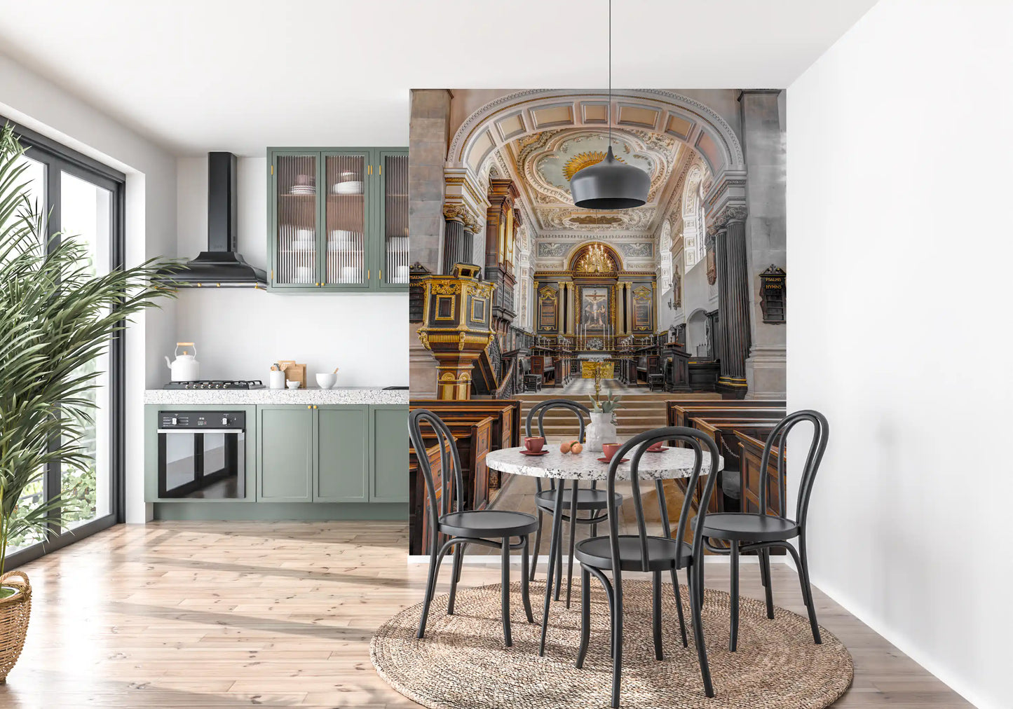 Stained Wood and Gilded Church Interior Wall Mural