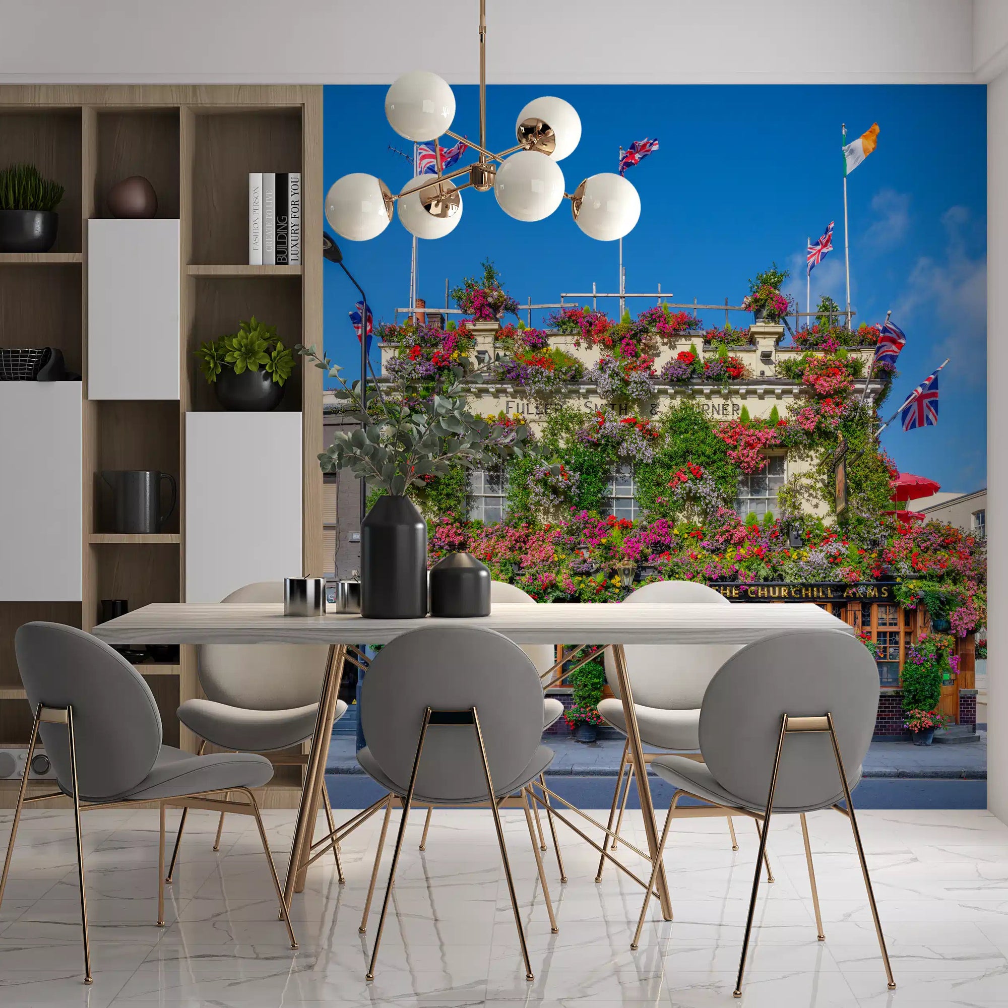Baskets of blooms cover the London pub wall mural, a Dining room in colour GD11167

