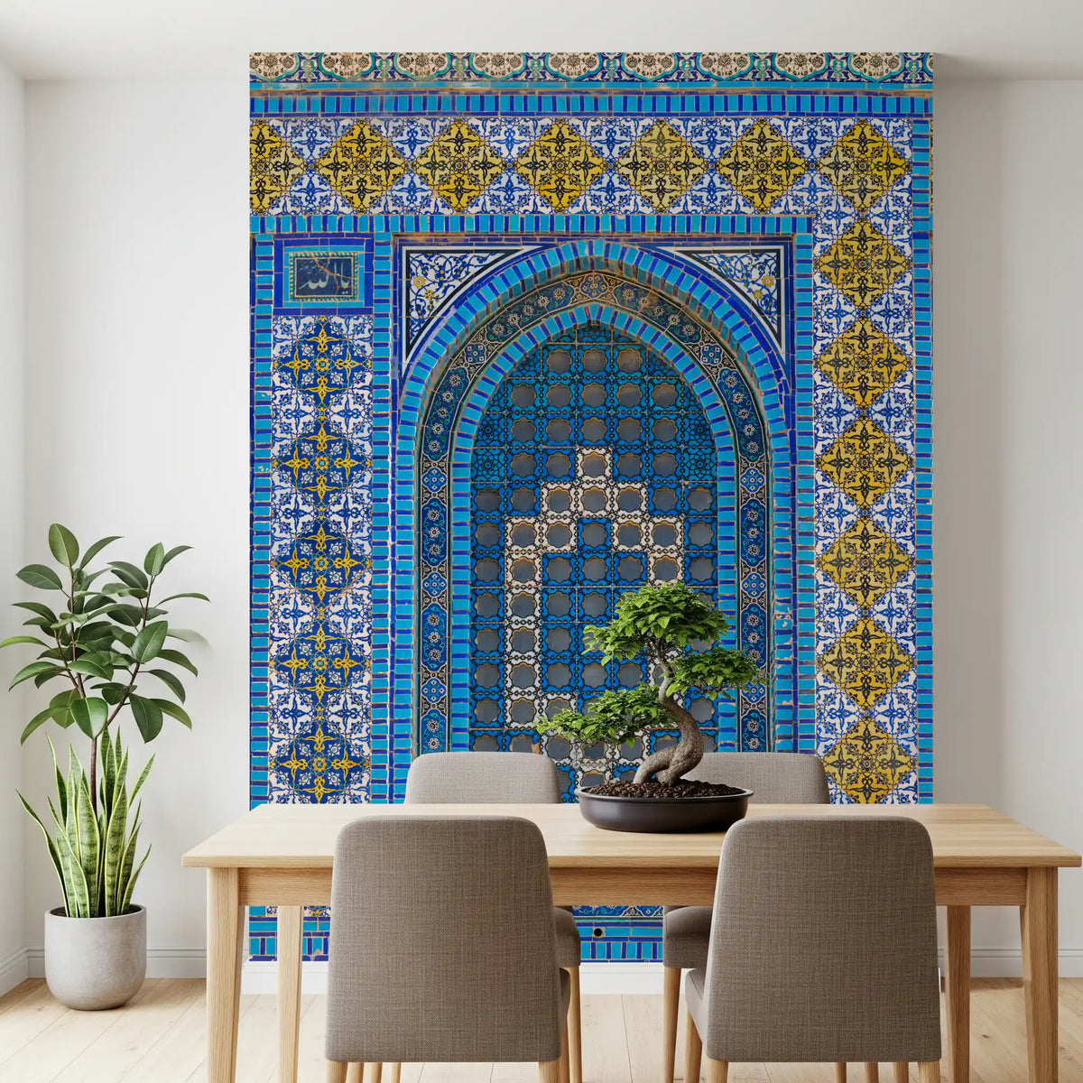 Blue and gold mosaic arch wall mural set in a dining room GD11170
